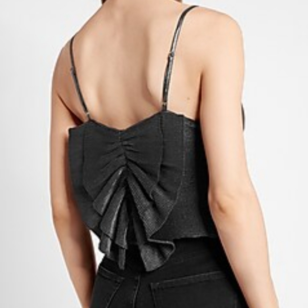 Express Silver Metallic Coquette Pleated Going Out Crop Camisole Bow Back Medium